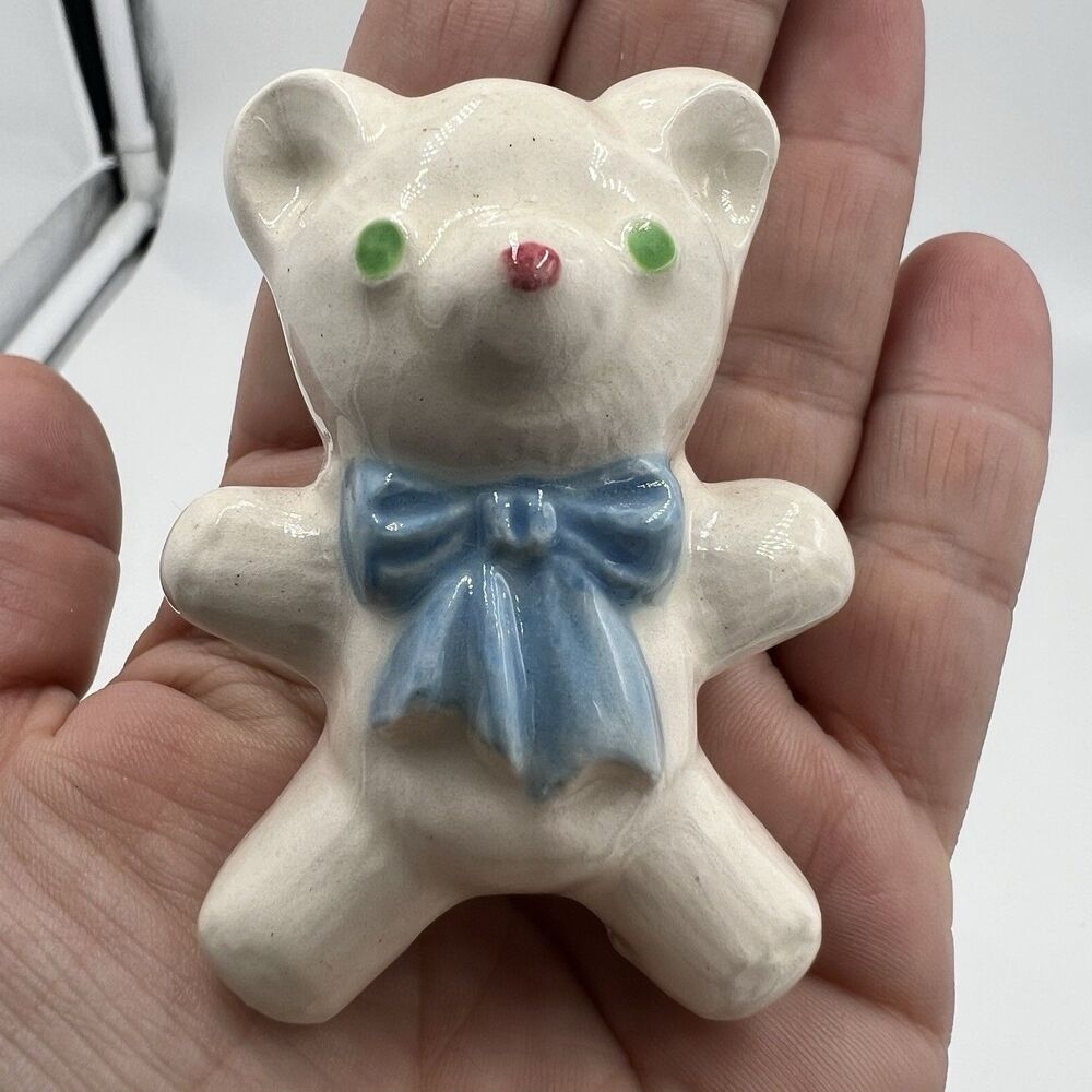 Rare Vintage Macrame Bead Ceramic Baby Bear Boy Blue Stuffy Lovie Bow Figurine